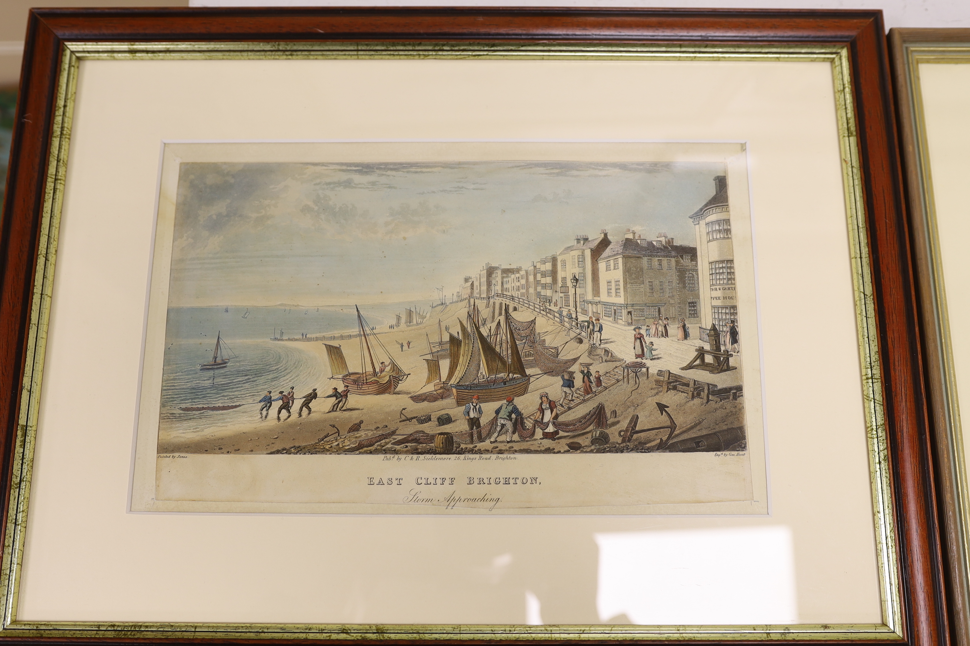 Seven 19th century engravings and prints of Brighton views, some hand coloured, including after M Jones, East Cliff, storm approaching, publ. C & R Sicklemore, one after C W Wing, The Battery and Kings Road, Publ. Willia